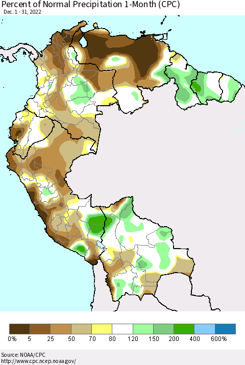Northern South America Percent of Normal Precipitation 1-Month (CPC) Thematic Map For 12/1/2022 - 12/31/2022
