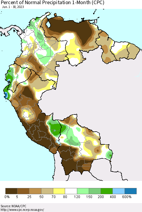 Northern South America Percent of Normal Precipitation 1-Month (CPC) Thematic Map For 6/1/2023 - 6/30/2023
