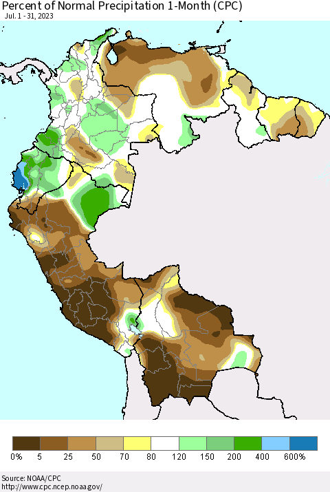 Northern South America Percent of Normal Precipitation 1-Month (CPC) Thematic Map For 7/1/2023 - 7/31/2023