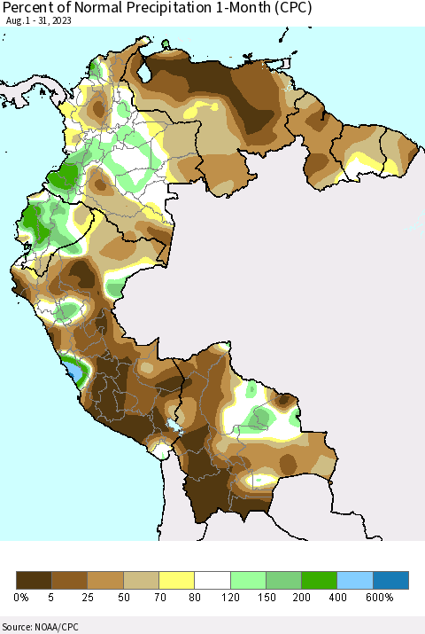 Northern South America Percent of Normal Precipitation 1-Month (CPC) Thematic Map For 8/1/2023 - 8/31/2023