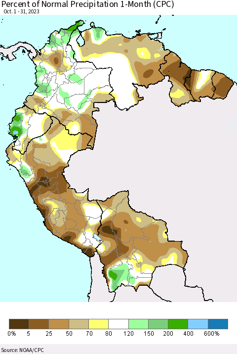 Northern South America Percent of Normal Precipitation 1-Month (CPC) Thematic Map For 10/1/2023 - 10/31/2023