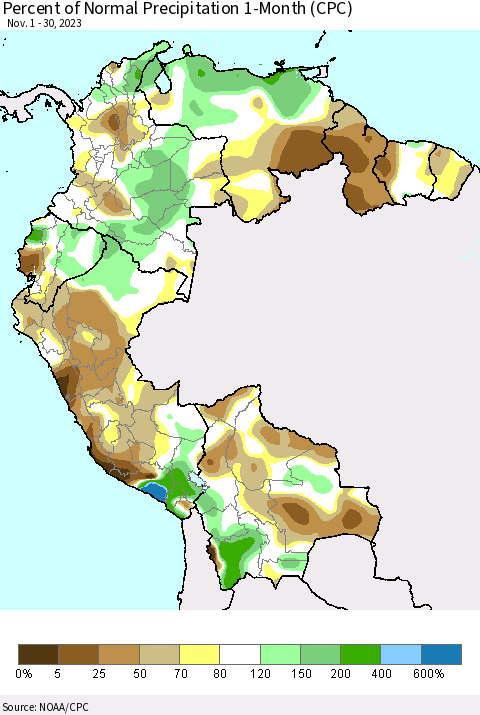 Northern South America Percent of Normal Precipitation 1-Month (CPC) Thematic Map For 11/1/2023 - 11/30/2023