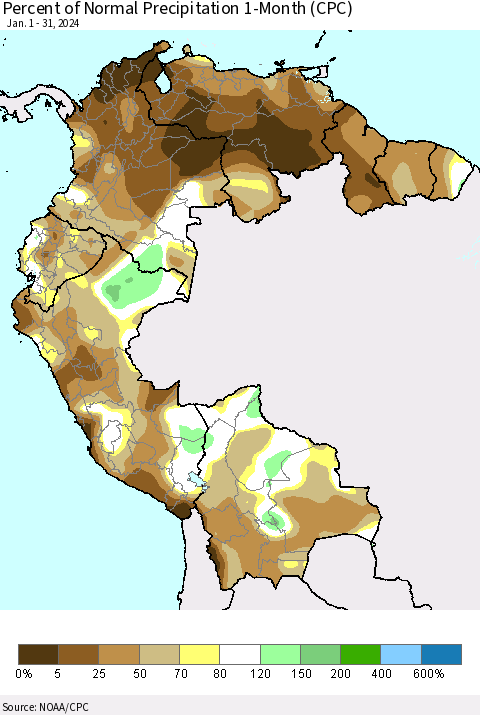 Northern South America Percent of Normal Precipitation 1-Month (CPC) Thematic Map For 1/1/2024 - 1/31/2024