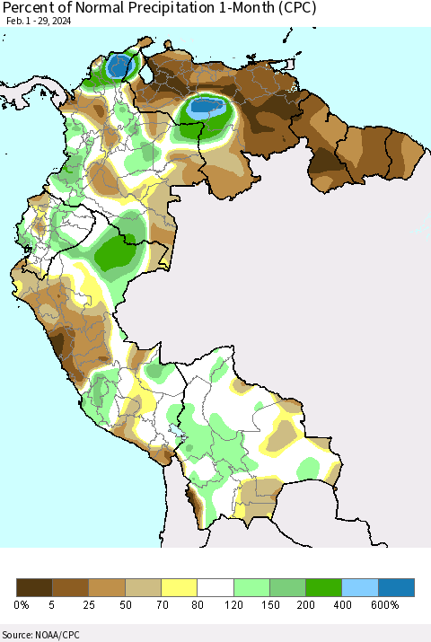 Northern South America Percent of Normal Precipitation 1-Month (CPC) Thematic Map For 2/1/2024 - 2/29/2024