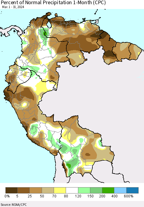 Northern South America Percent of Normal Precipitation 1-Month (CPC) Thematic Map For 3/1/2024 - 3/31/2024