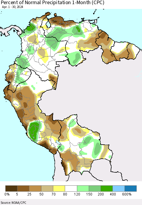 Northern South America Percent of Normal Precipitation 1-Month (CPC) Thematic Map For 4/1/2024 - 4/30/2024