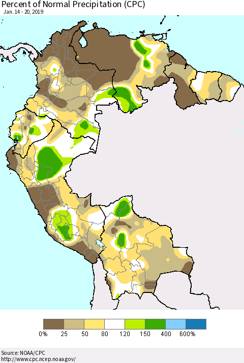 Northern South America Percent of Normal Precipitation (CPC) Thematic Map For 1/14/2019 - 1/20/2019