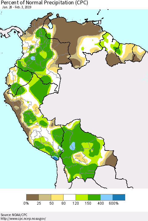 Northern South America Percent of Normal Precipitation (CPC) Thematic Map For 1/28/2019 - 2/3/2019