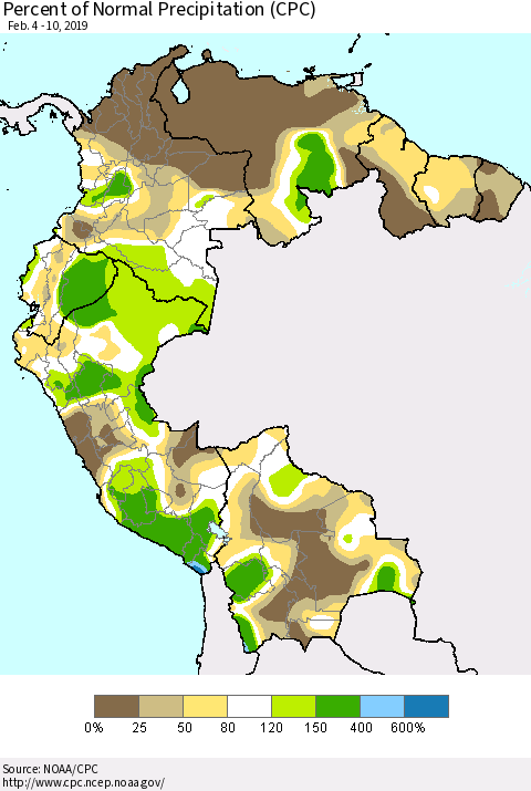 Northern South America Percent of Normal Precipitation (CPC) Thematic Map For 2/4/2019 - 2/10/2019