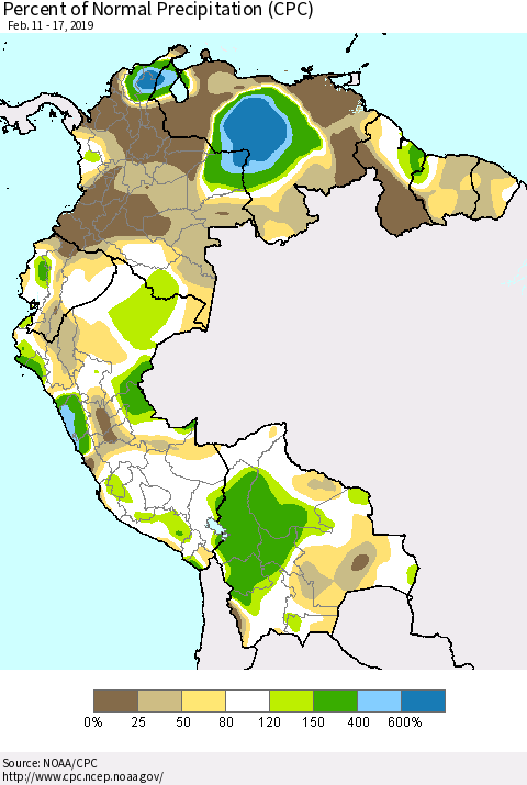 Northern South America Percent of Normal Precipitation (CPC) Thematic Map For 2/11/2019 - 2/17/2019