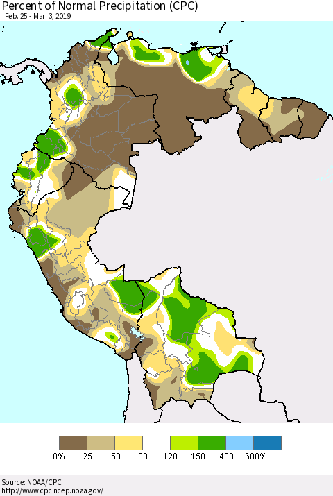 Northern South America Percent of Normal Precipitation (CPC) Thematic Map For 2/25/2019 - 3/3/2019