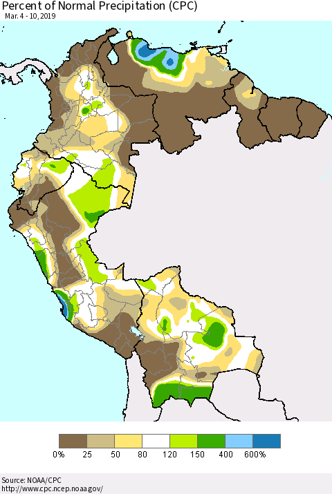 Northern South America Percent of Normal Precipitation (CPC) Thematic Map For 3/4/2019 - 3/10/2019