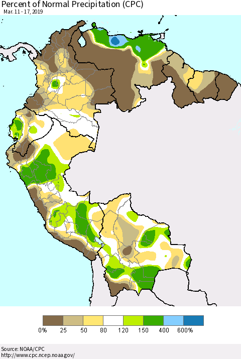 Northern South America Percent of Normal Precipitation (CPC) Thematic Map For 3/11/2019 - 3/17/2019