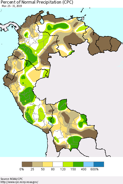 Northern South America Percent of Normal Precipitation (CPC) Thematic Map For 3/25/2019 - 3/31/2019