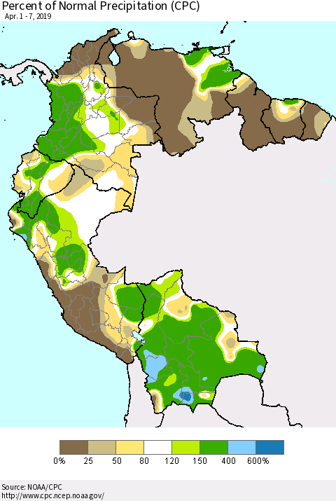 Northern South America Percent of Normal Precipitation (CPC) Thematic Map For 4/1/2019 - 4/7/2019