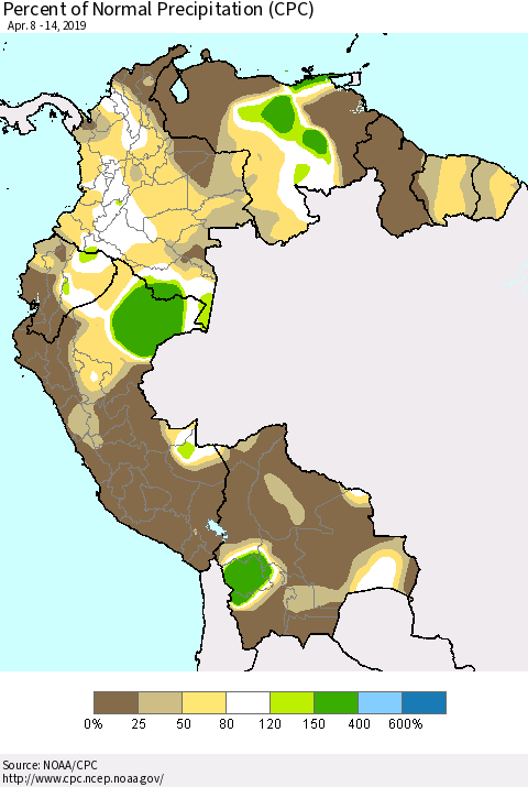 Northern South America Percent of Normal Precipitation (CPC) Thematic Map For 4/8/2019 - 4/14/2019