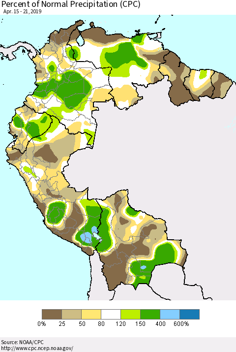 Northern South America Percent of Normal Precipitation (CPC) Thematic Map For 4/15/2019 - 4/21/2019