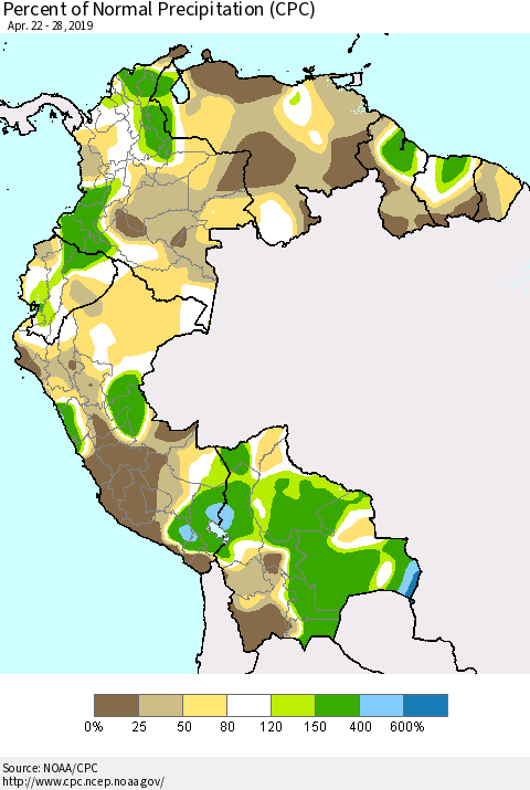 Northern South America Percent of Normal Precipitation (CPC) Thematic Map For 4/22/2019 - 4/28/2019