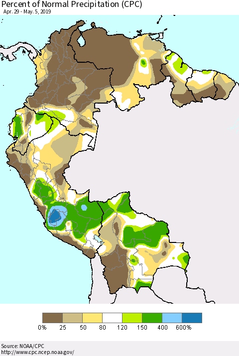 Northern South America Percent of Normal Precipitation (CPC) Thematic Map For 4/29/2019 - 5/5/2019