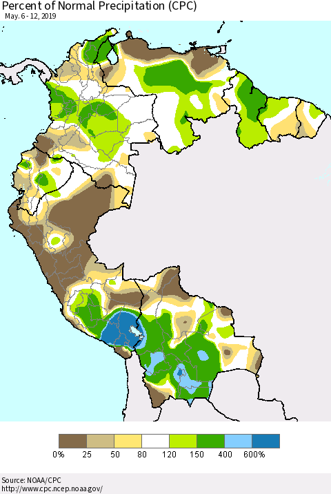 Northern South America Percent of Normal Precipitation (CPC) Thematic Map For 5/6/2019 - 5/12/2019