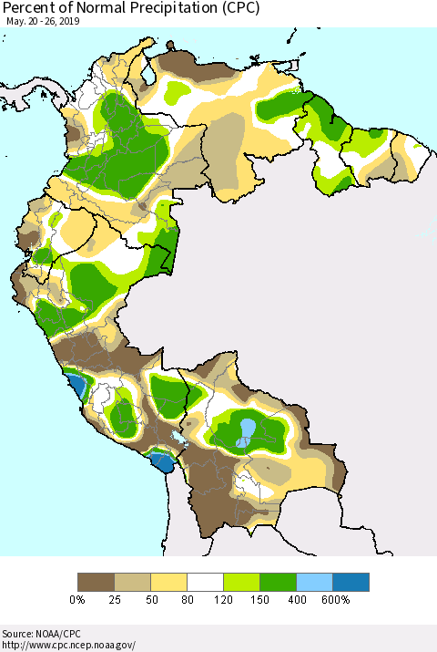 Northern South America Percent of Normal Precipitation (CPC) Thematic Map For 5/20/2019 - 5/26/2019