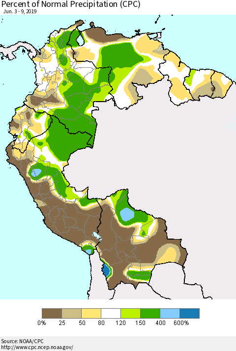 Northern South America Percent of Normal Precipitation (CPC) Thematic Map For 6/3/2019 - 6/9/2019