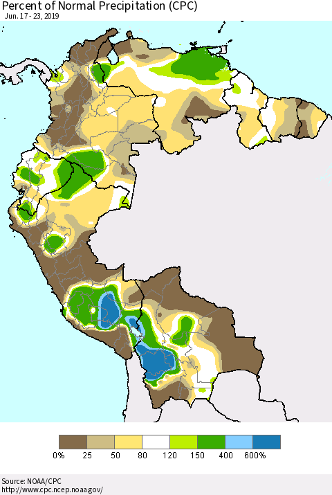 Northern South America Percent of Normal Precipitation (CPC) Thematic Map For 6/17/2019 - 6/23/2019