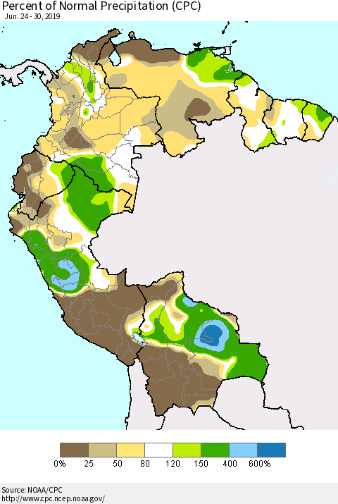 Northern South America Percent of Normal Precipitation (CPC) Thematic Map For 6/24/2019 - 6/30/2019