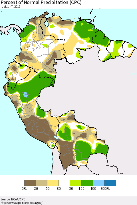 Northern South America Percent of Normal Precipitation (CPC) Thematic Map For 7/1/2019 - 7/7/2019
