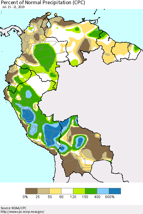 Northern South America Percent of Normal Precipitation (CPC) Thematic Map For 7/15/2019 - 7/21/2019