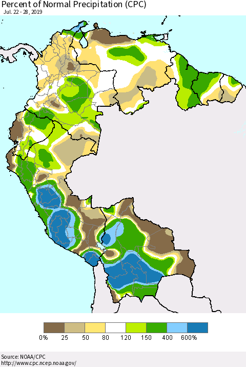 Northern South America Percent of Normal Precipitation (CPC) Thematic Map For 7/22/2019 - 7/28/2019