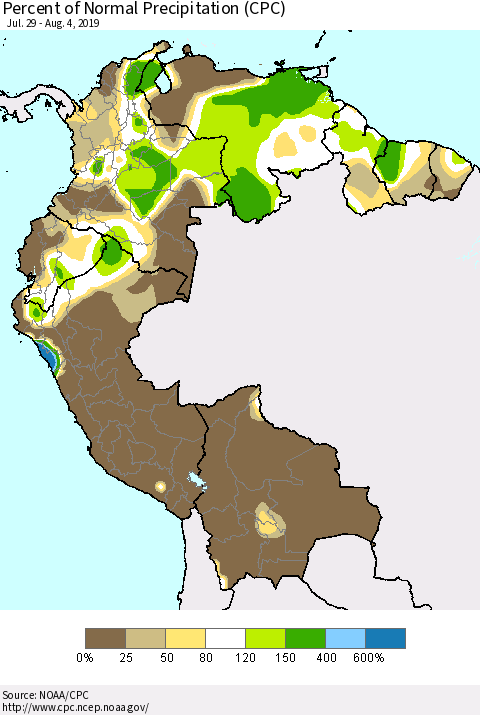 Northern South America Percent of Normal Precipitation (CPC) Thematic Map For 7/29/2019 - 8/4/2019