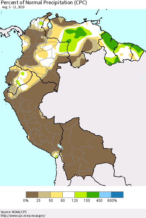 Northern South America Percent of Normal Precipitation (CPC) Thematic Map For 8/5/2019 - 8/11/2019
