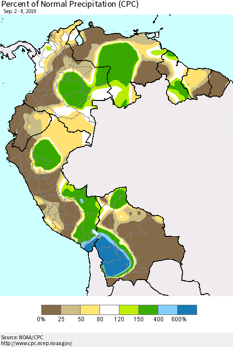 Northern South America Percent of Normal Precipitation (CPC) Thematic Map For 9/2/2019 - 9/8/2019