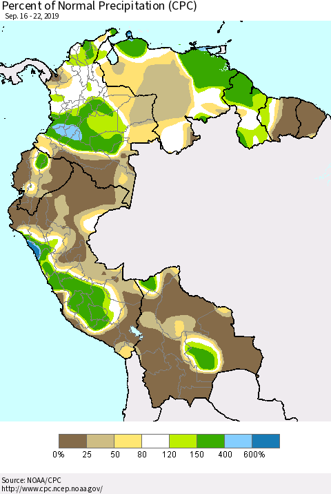 Northern South America Percent of Normal Precipitation (CPC) Thematic Map For 9/16/2019 - 9/22/2019