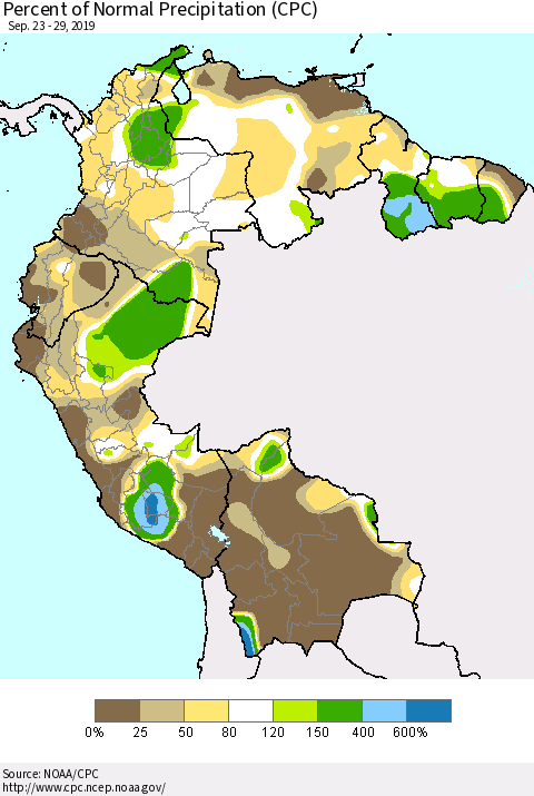 Northern South America Percent of Normal Precipitation (CPC) Thematic Map For 9/23/2019 - 9/29/2019