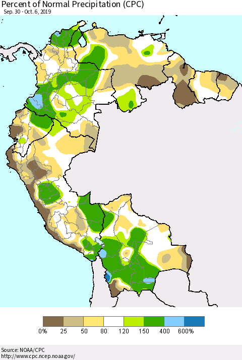 Northern South America Percent of Normal Precipitation (CPC) Thematic Map For 9/30/2019 - 10/6/2019