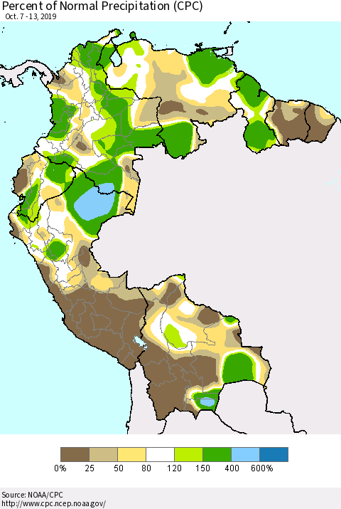 Northern South America Percent of Normal Precipitation (CPC) Thematic Map For 10/7/2019 - 10/13/2019