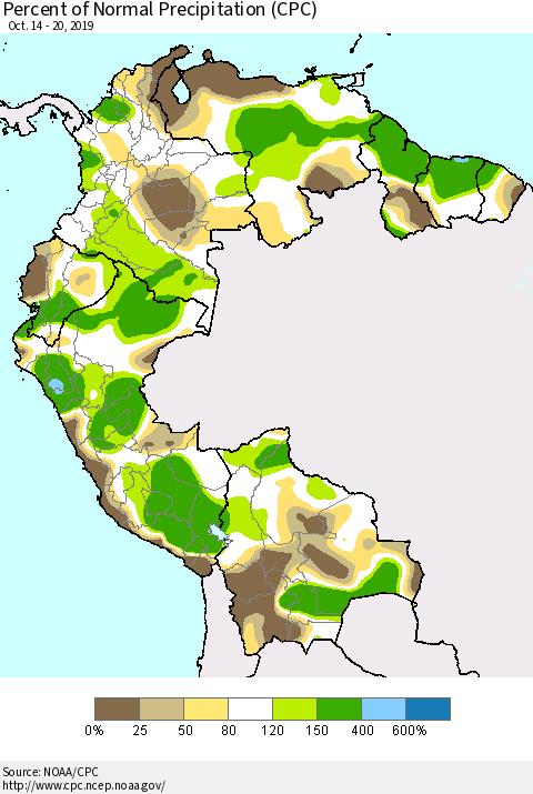 Northern South America Percent of Normal Precipitation (CPC) Thematic Map For 10/14/2019 - 10/20/2019