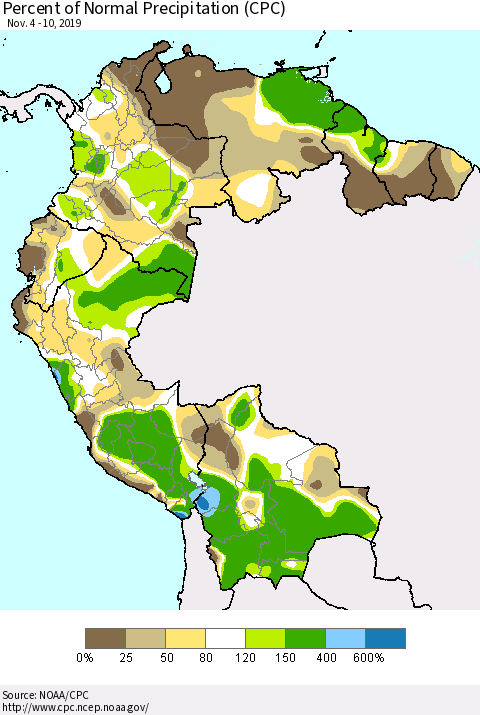 Northern South America Percent of Normal Precipitation (CPC) Thematic Map For 11/4/2019 - 11/10/2019