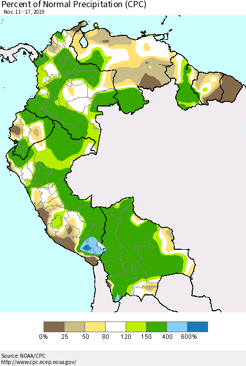 Northern South America Percent of Normal Precipitation (CPC) Thematic Map For 11/11/2019 - 11/17/2019