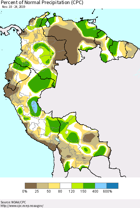 Northern South America Percent of Normal Precipitation (CPC) Thematic Map For 11/18/2019 - 11/24/2019