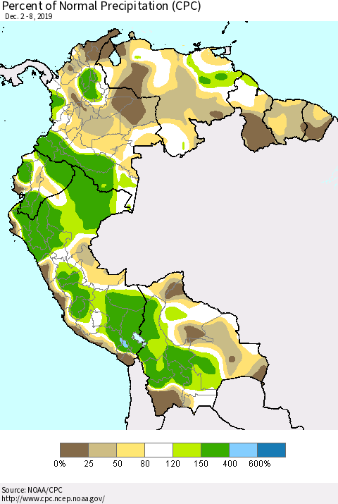 Northern South America Percent of Normal Precipitation (CPC) Thematic Map For 12/2/2019 - 12/8/2019