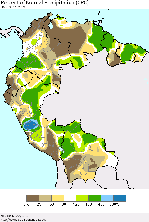 Northern South America Percent of Normal Precipitation (CPC) Thematic Map For 12/9/2019 - 12/15/2019