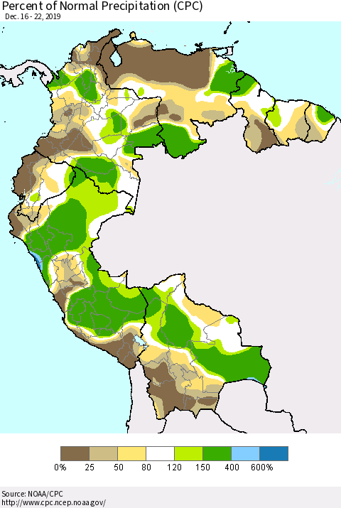 Northern South America Percent of Normal Precipitation (CPC) Thematic Map For 12/16/2019 - 12/22/2019