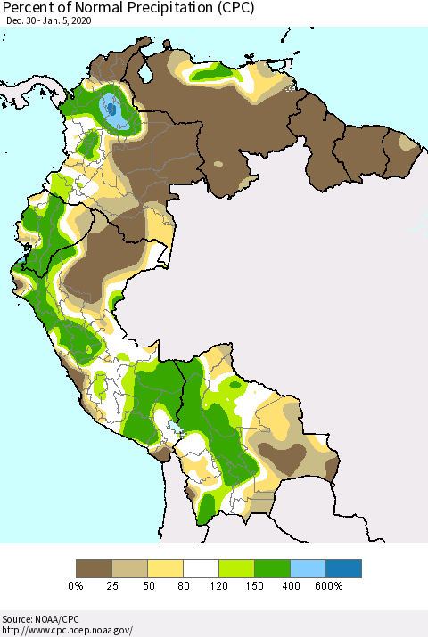 Northern South America Percent of Normal Precipitation (CPC) Thematic Map For 12/30/2019 - 1/5/2020