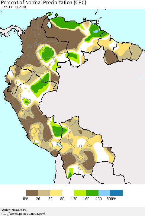 Northern South America Percent of Normal Precipitation (CPC) Thematic Map For 1/13/2020 - 1/19/2020