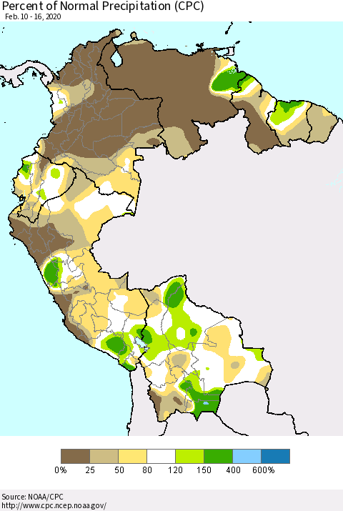 Northern South America Percent of Normal Precipitation (CPC) Thematic Map For 2/10/2020 - 2/16/2020