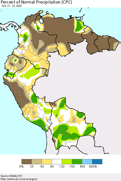 Northern South America Percent of Normal Precipitation (CPC) Thematic Map For 2/17/2020 - 2/23/2020