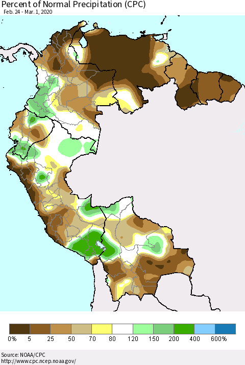 Northern South America Percent of Normal Precipitation (CPC) Thematic Map For 2/24/2020 - 3/1/2020